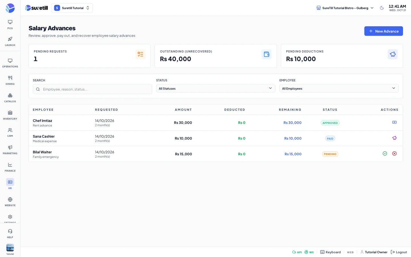 The Salary Advances page with three summary cards, search and filters and a table of advances with approve, reject and pay icons