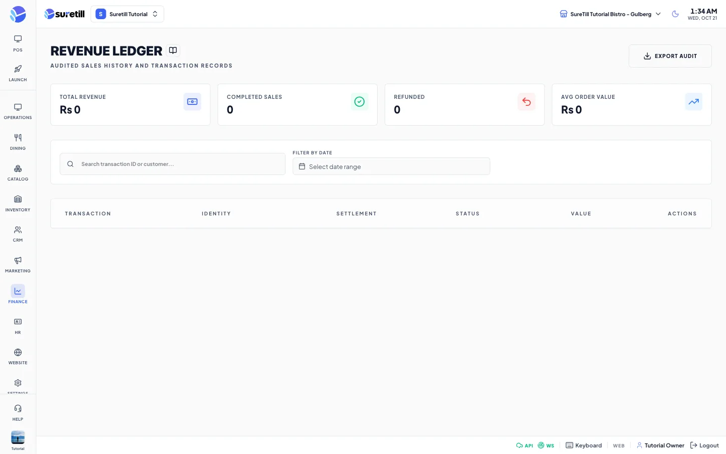 The Sales History page with four summary cards, a search box, a date filter and the transactions table