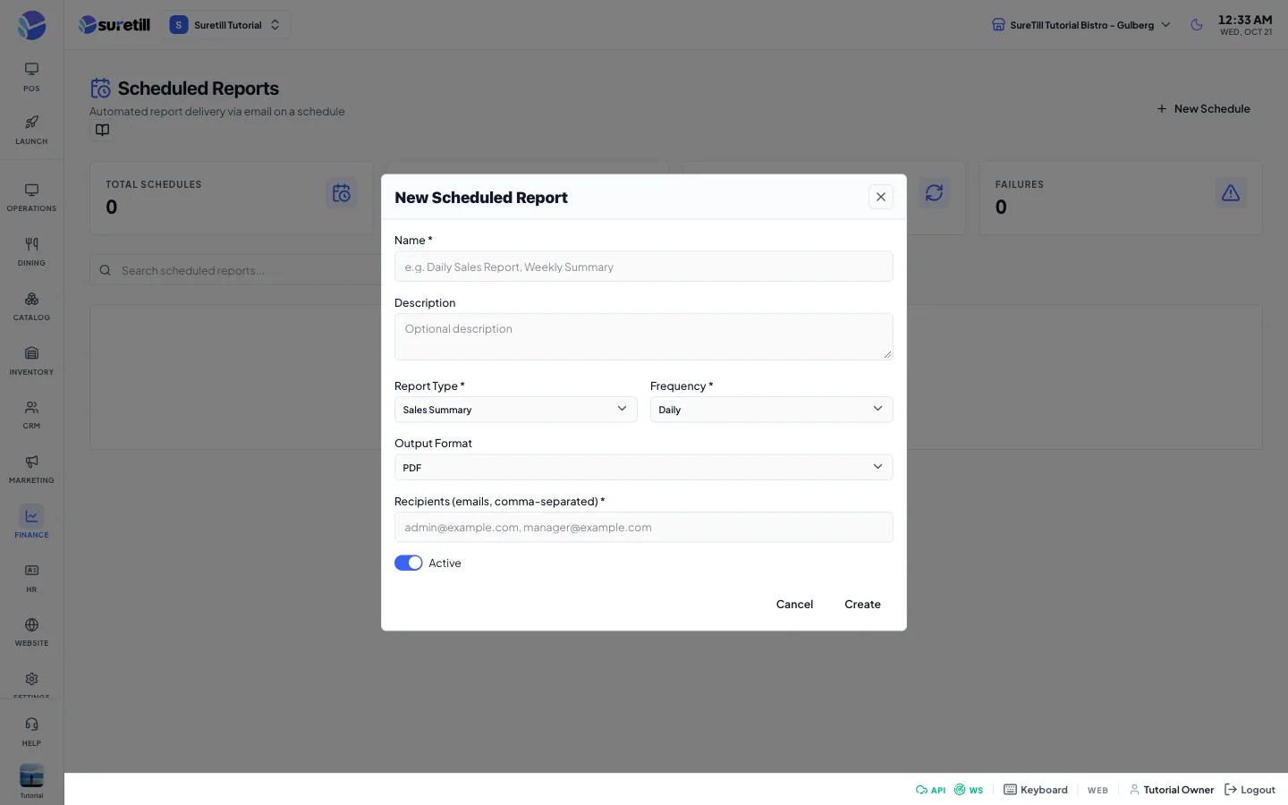 The new schedule window on the Scheduled Reports page