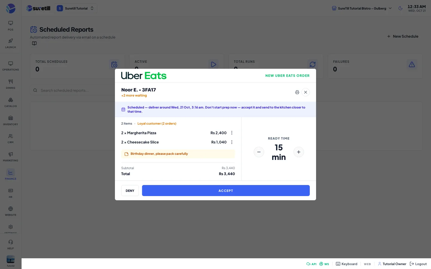 The Scheduled Reports page with four counters, a search box and schedule cards