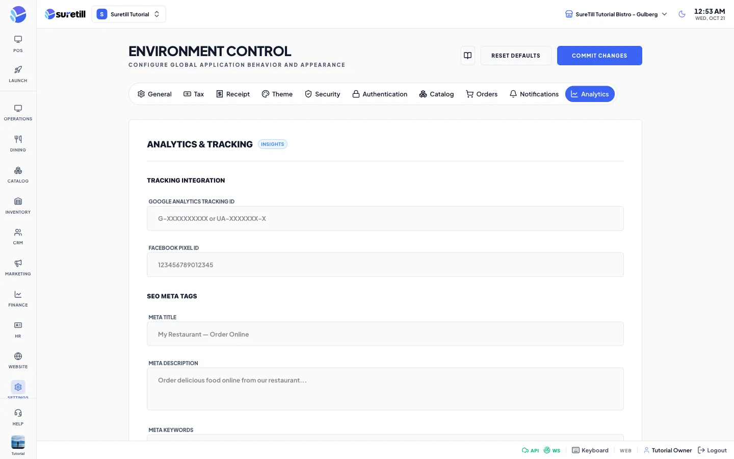 The Analytics tab with Tracking Integration and SEO Meta Tags sections.