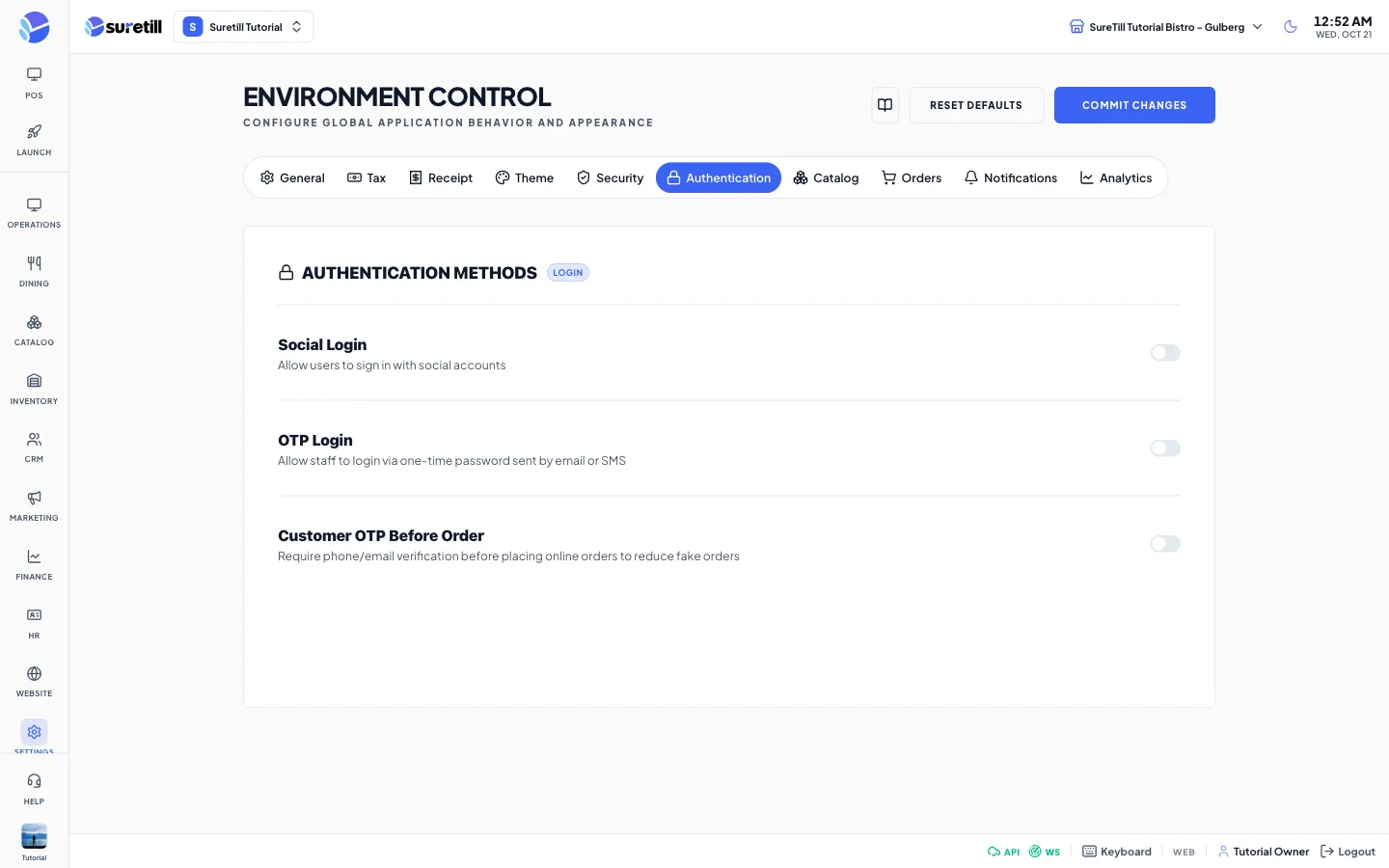 The Authentication tab with the Social Login switch and provider cards, OTP Login and Customer OTP Before Order sections.