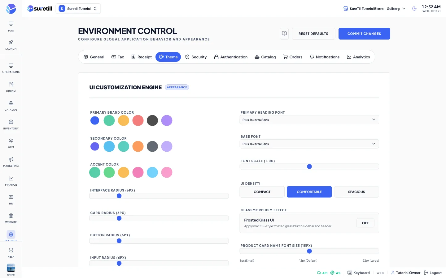 The Theme tab showing color swatches, radius sliders, font pickers and the list of industry presets.