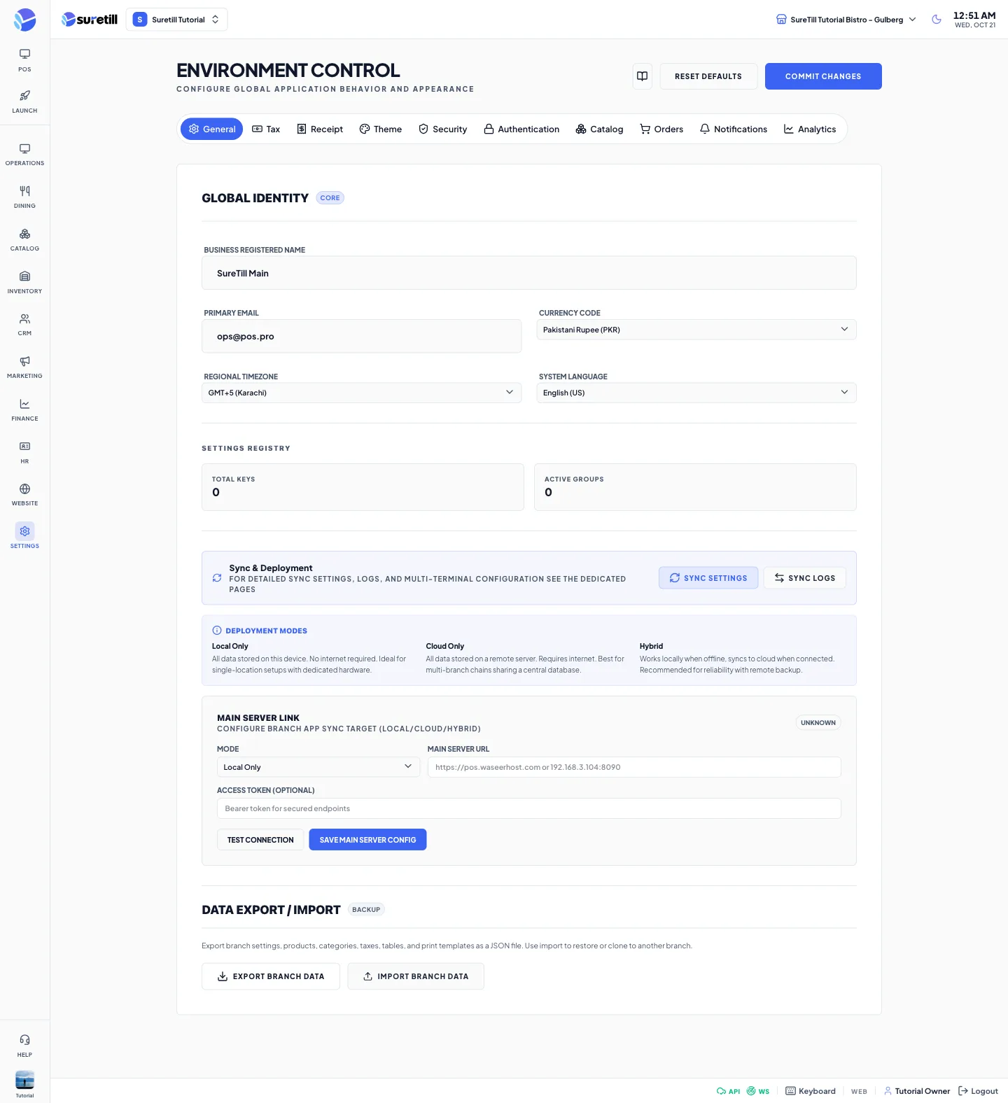 The General Settings page with the ten tabs across the top: General, Tax, Receipt, Theme, Security, Authentication, Catalog, Orders, Notifications and Analytics.