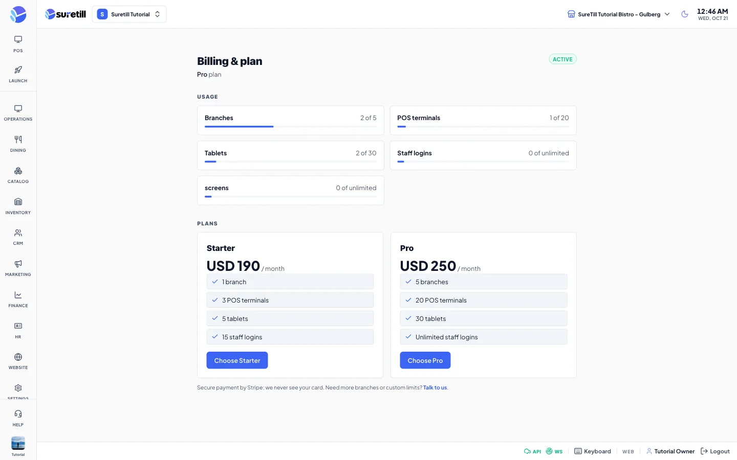 The Billing and plan page with a Usage section showing Staff logins as used of limit with a progress bar