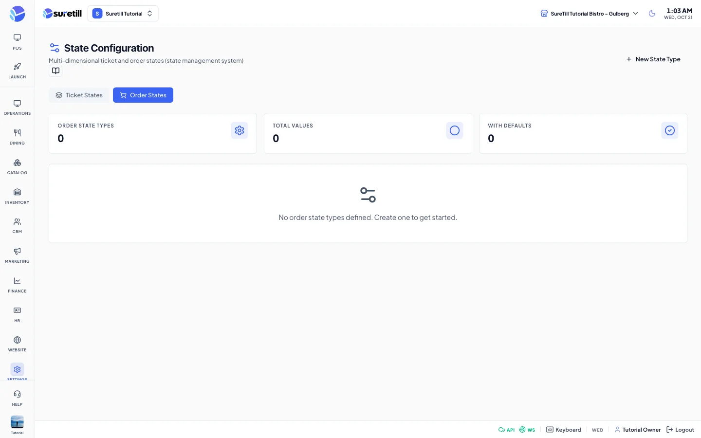 The order states window on the State Configuration page