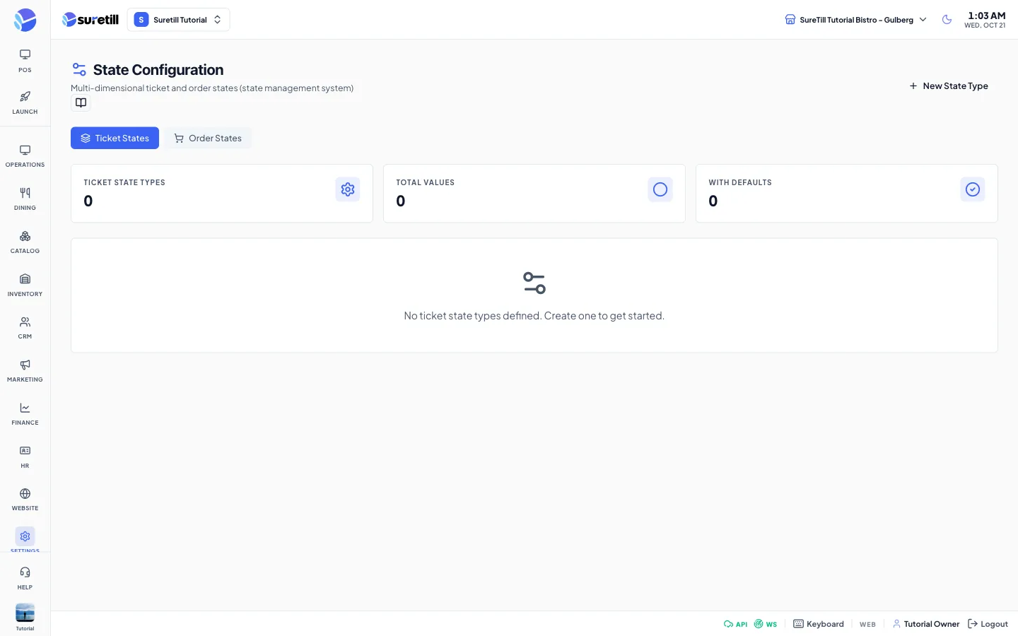 The State Configuration page with the Ticket States and Order States buttons, three counters and a list of state types.