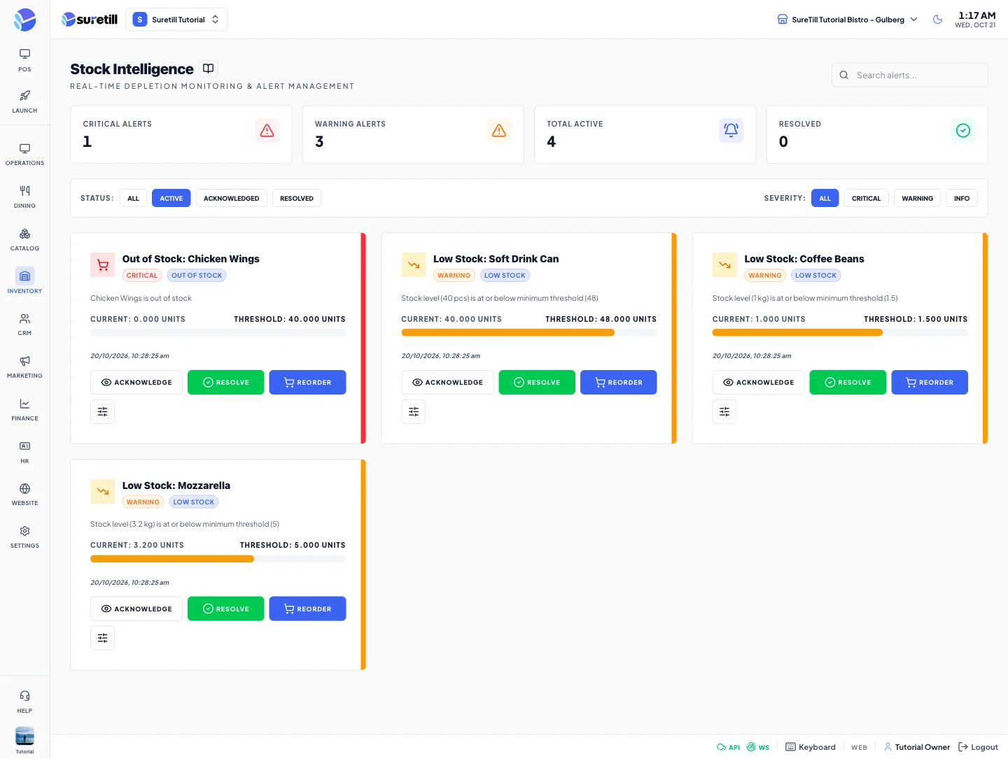 The Stock Alerts page with four counters, filters and alert cards.