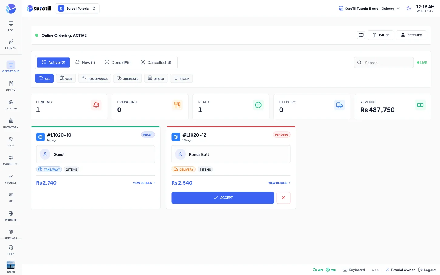 The Online Orders page showing website orders waiting to be accepted
