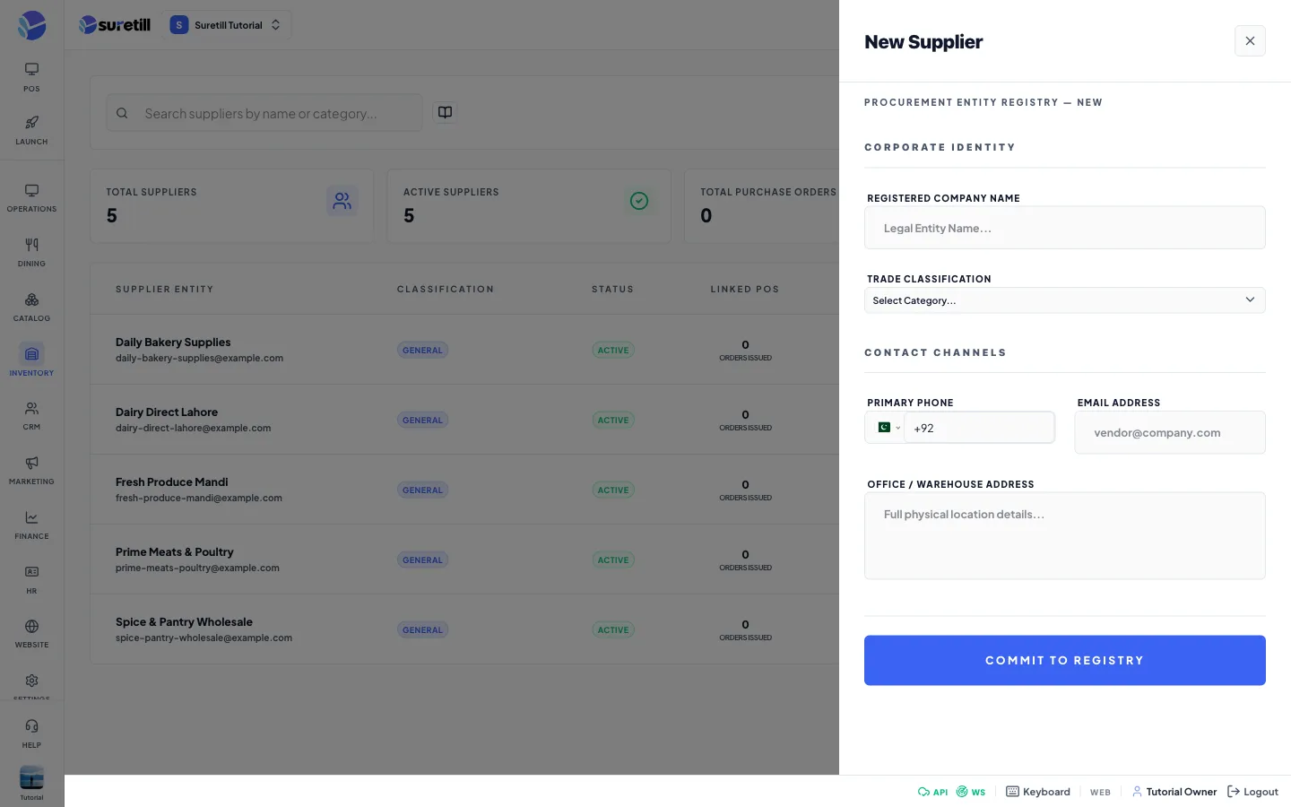 The onboard supplier window on the Suppliers page