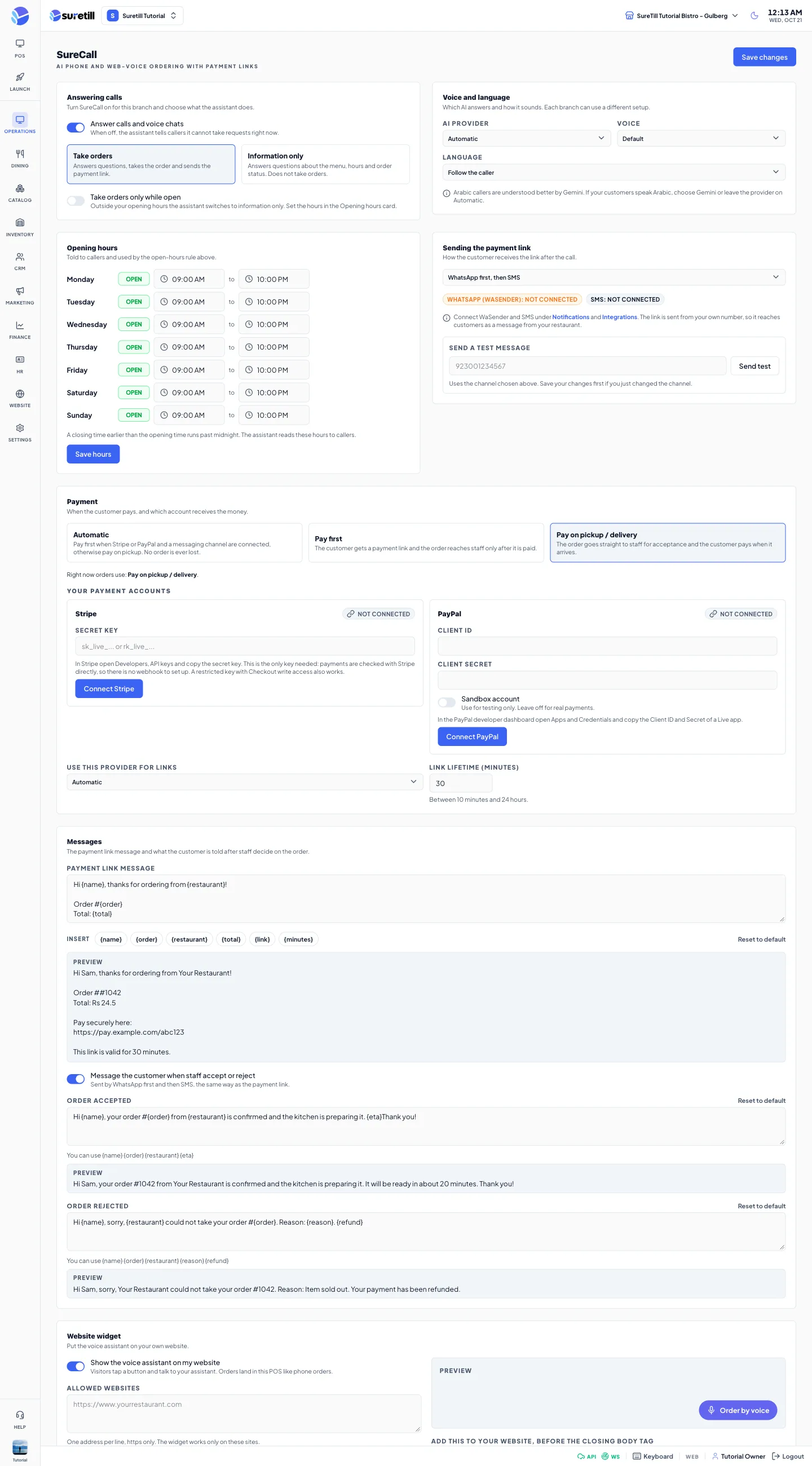 The SureCall settings page with cards for answering calls, voice and language, opening hours, payment link, payment and messages