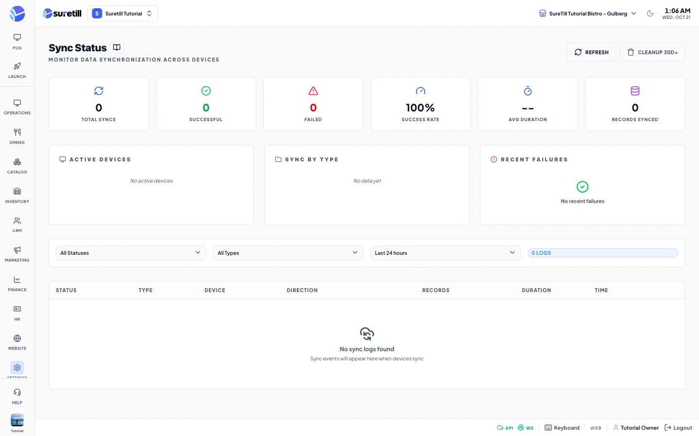 The Sync Status page with six counters, the active devices, sync by type, recent failures and the log table