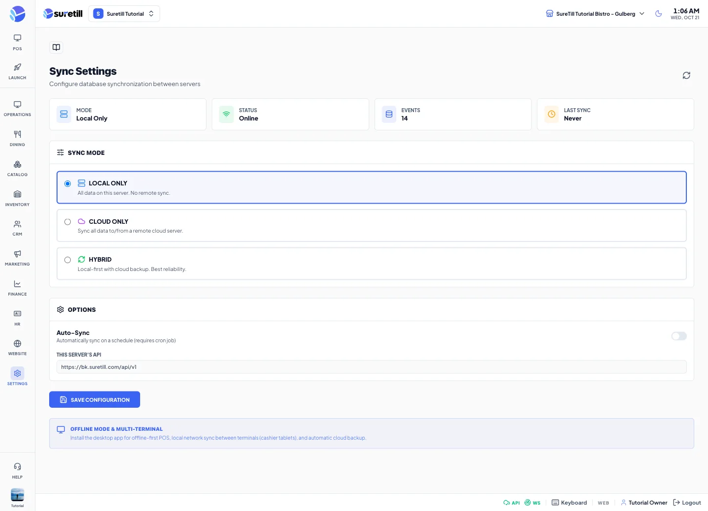 The Sync Settings page with four status cards, the sync mode choices and the options card