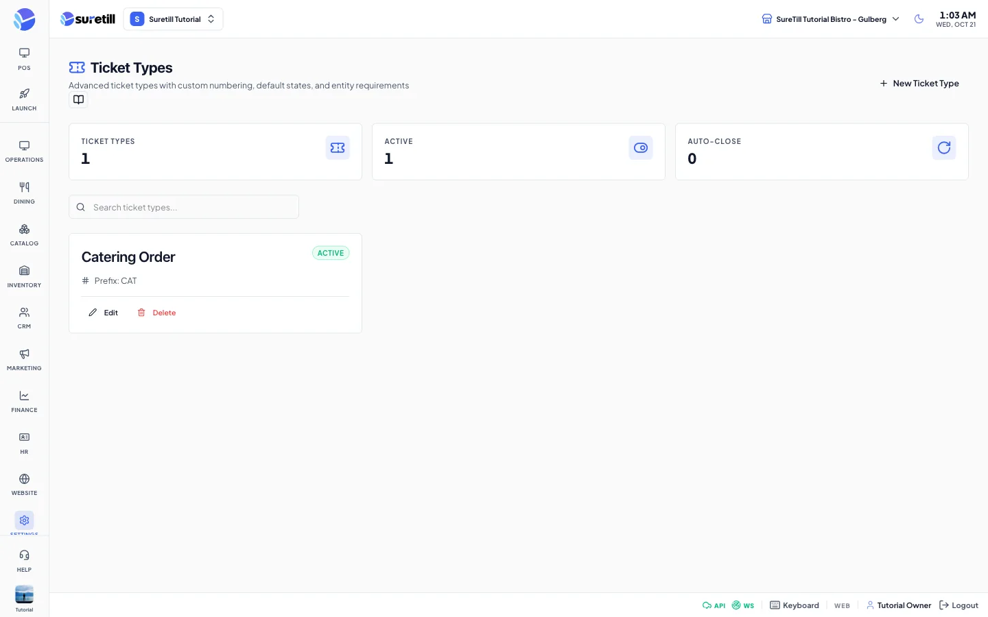 The Ticket Types page with three counters, a search box and a grid of ticket type cards.
