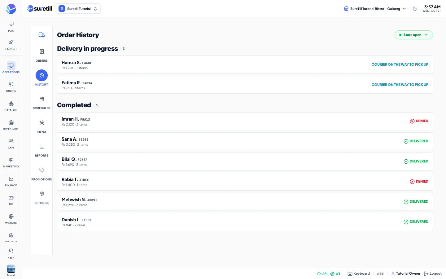Order History with one order in Delivery in progress and the finished orders marked Delivered or Denied