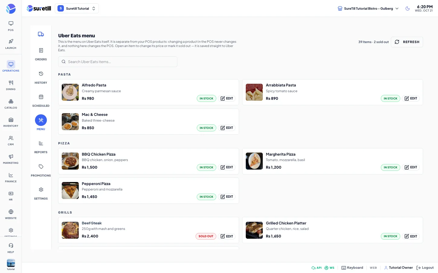 The Uber Eats menu with categories, item photos, prices, In stock and Sold out buttons and an Edit button on every item