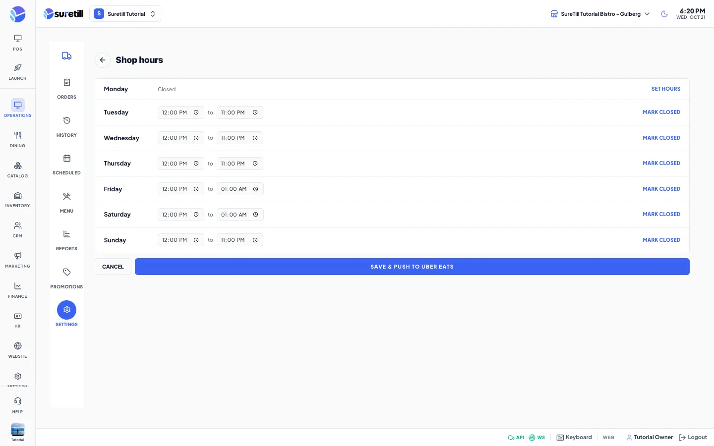 Shop hours in edit mode with time fields for each day, Mark closed buttons and Save and push to Uber Eats