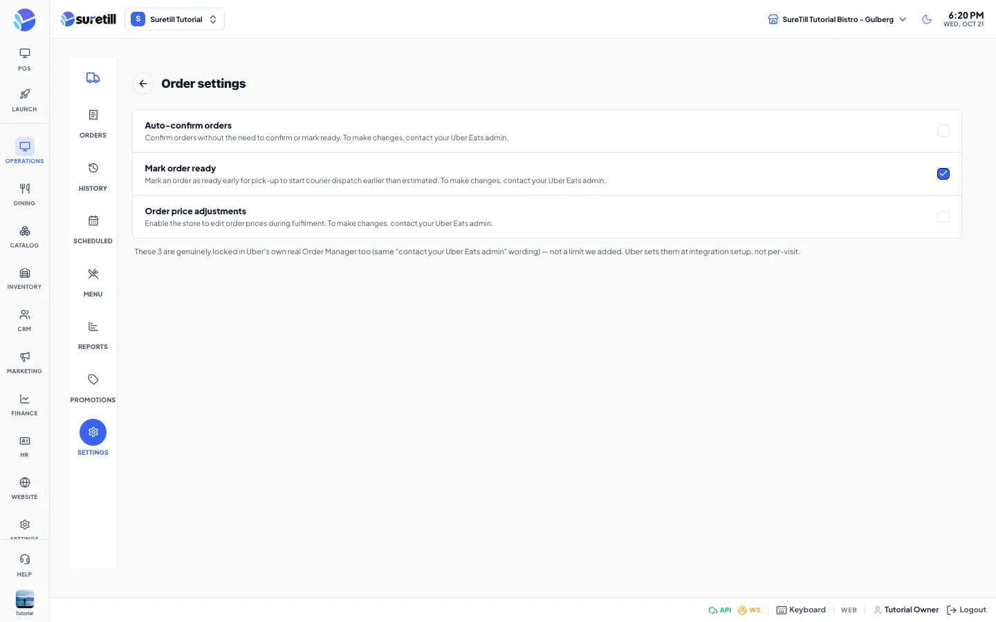 Order settings showing auto-confirm, mark order ready and price adjustment as read-only checkboxes