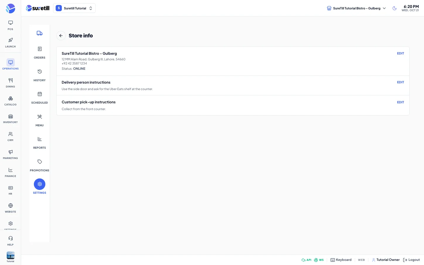 Store info with the store name, address, phone, status and the delivery person and customer pick-up instructions