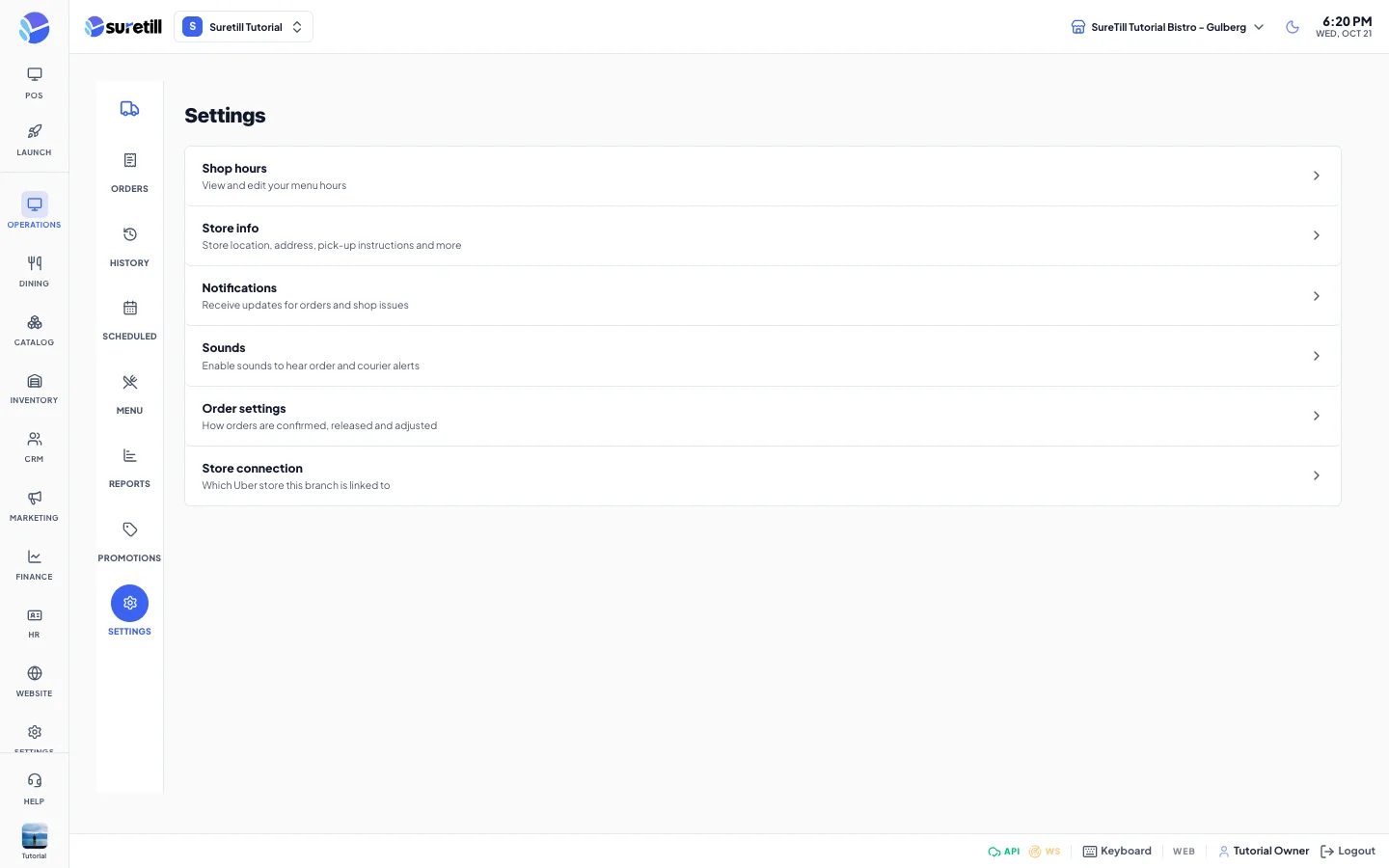 The Settings list with Shop hours, Store info, Notifications, Sounds, Order settings and Store connection