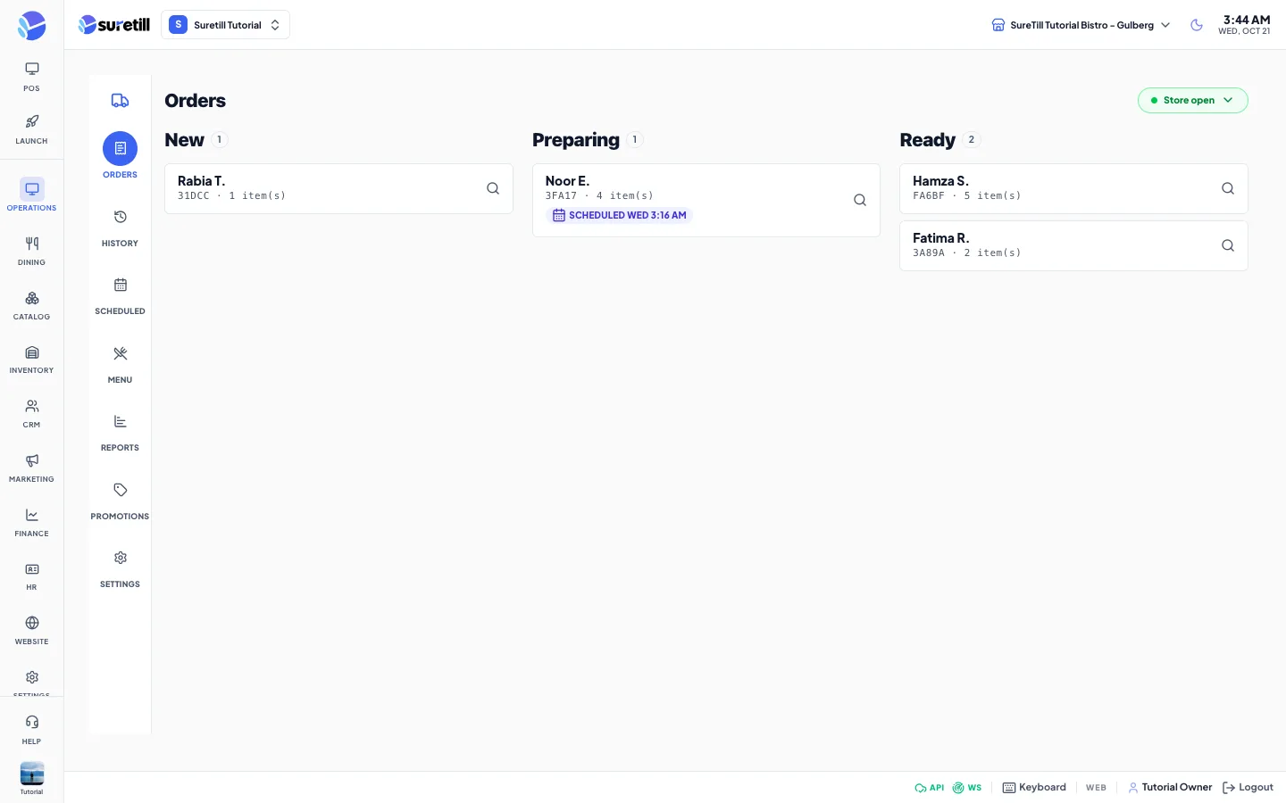 The Uber Eats page with the icon rail on the left and the Orders board with New, Preparing and Ready columns