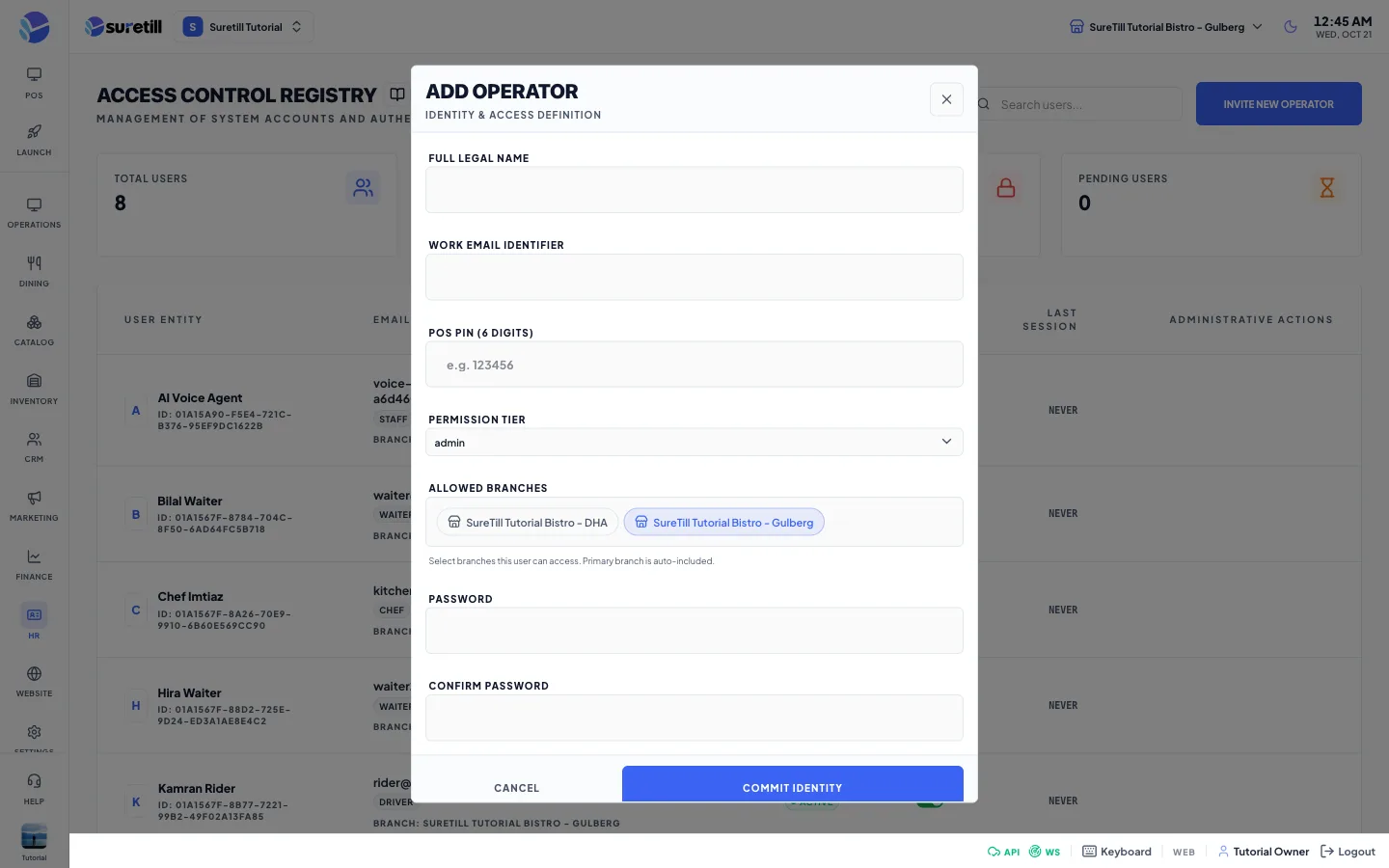 The invite new operator window on the Users (sign-in accounts) page