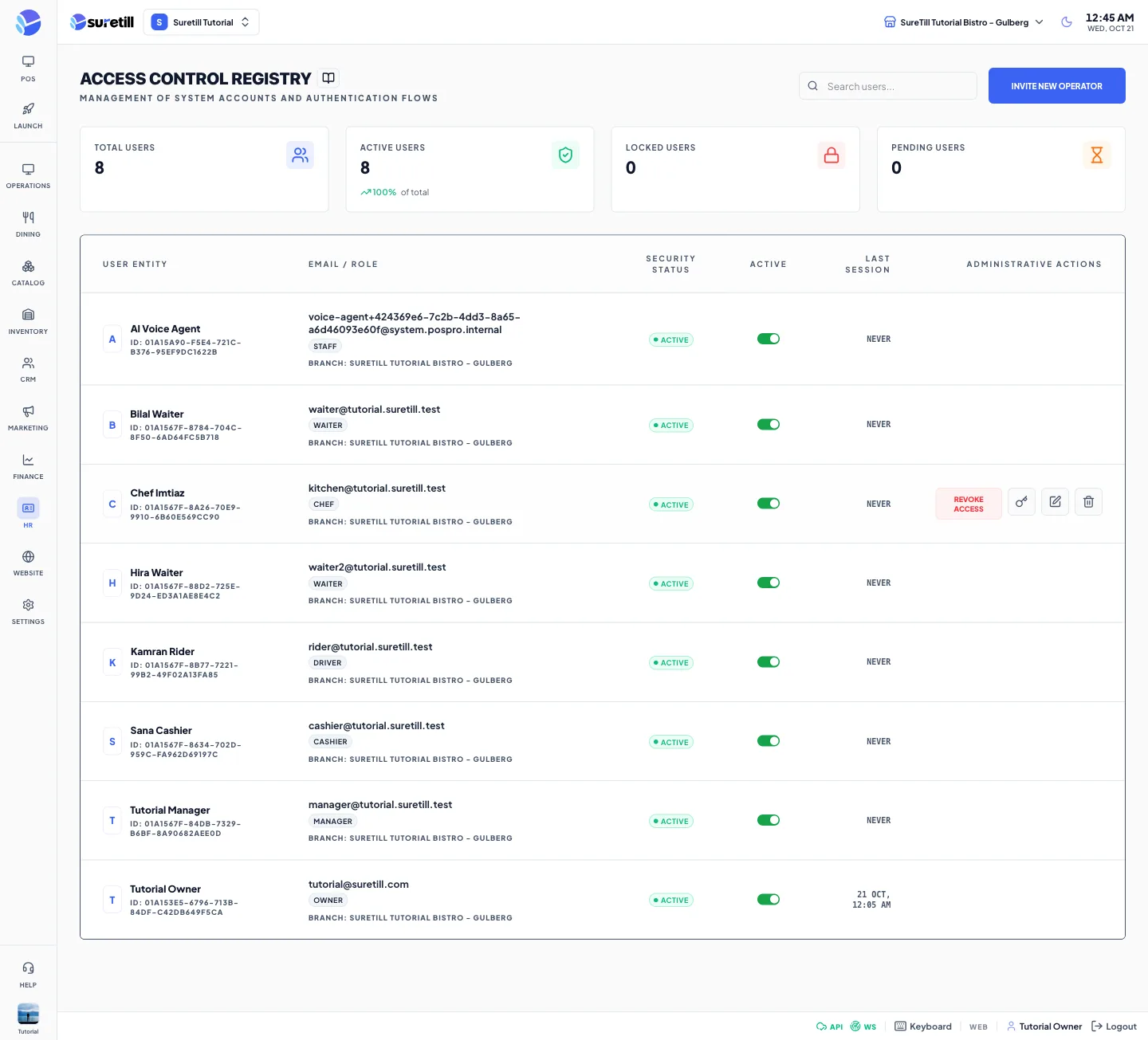 The Access Control Registry page with four user counters and a table of accounts with email, role, branch, status, an Active switch and the last session