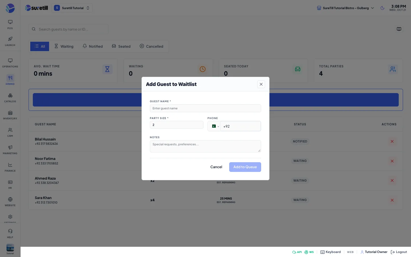 The add guest to queue window on the Waitlist page