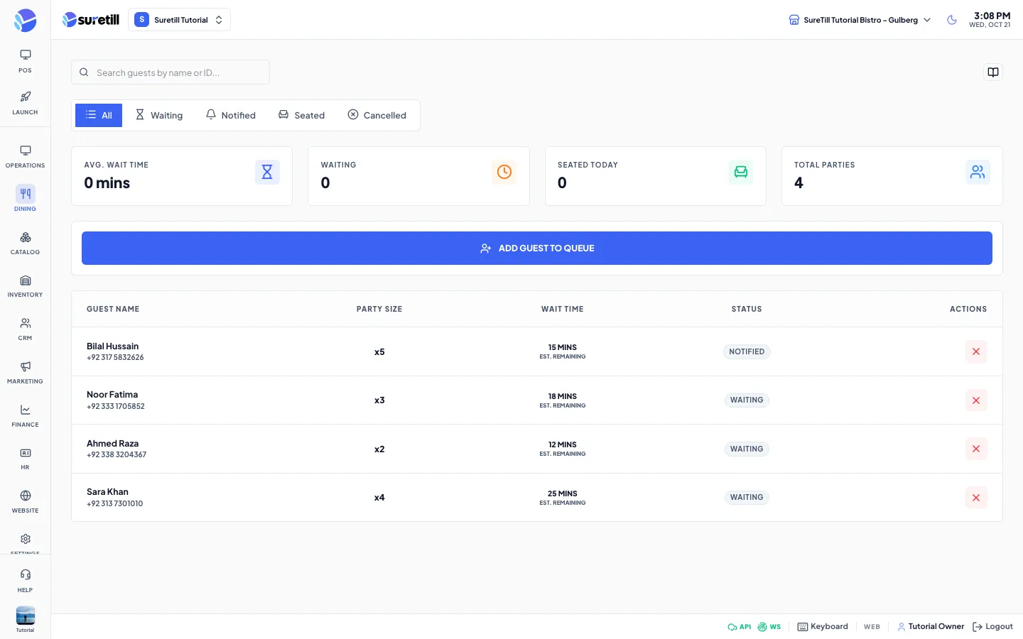 The Waitlist page with four counters and a table of waiting guests