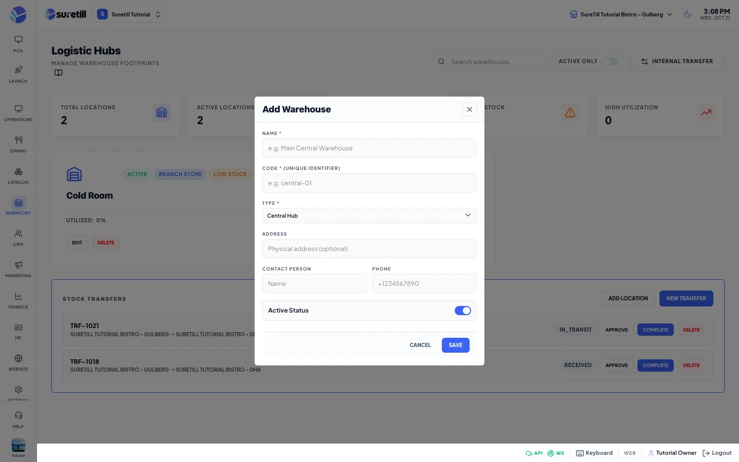 The add location window on the Warehouse page