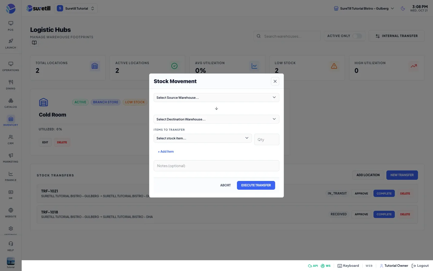 The internal transfer window on the Warehouse page