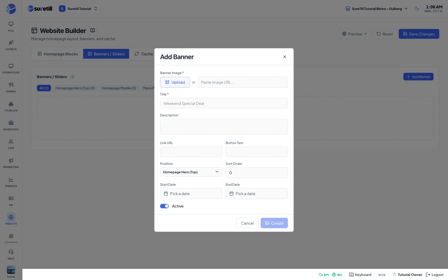The add banner window on the Website Builder page