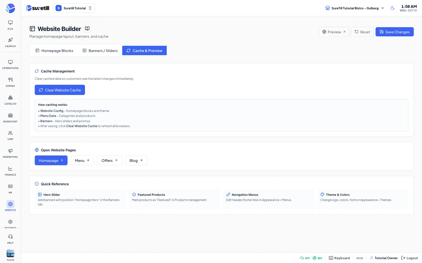 The cache & preview window on the Website Builder page