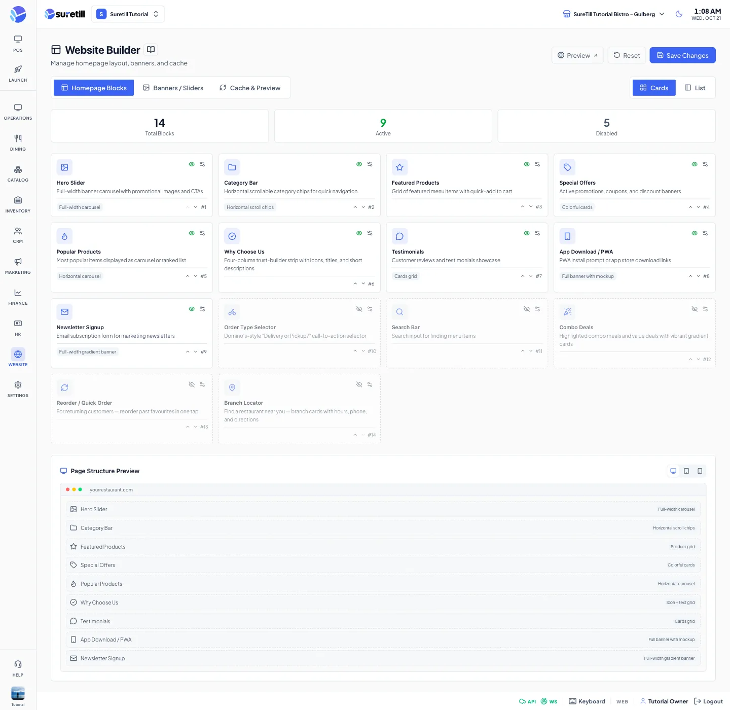 The Website Builder page with three counters and a grid of home page block cards