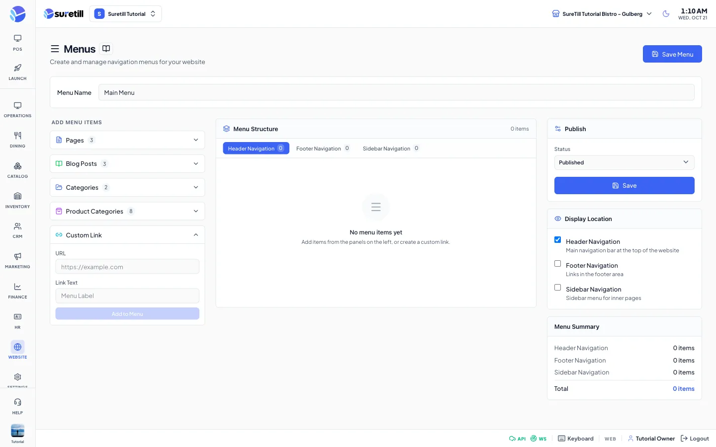 The custom link window on the Website Menus page
