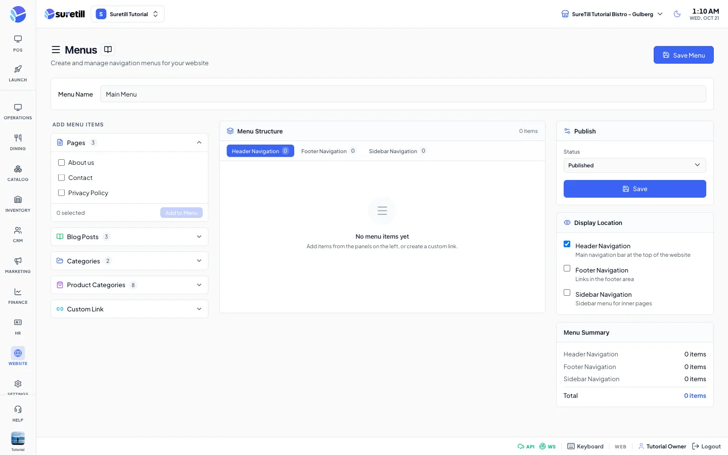 The Menus page with source panels on the left, the menu structure in the middle and publish options on the right