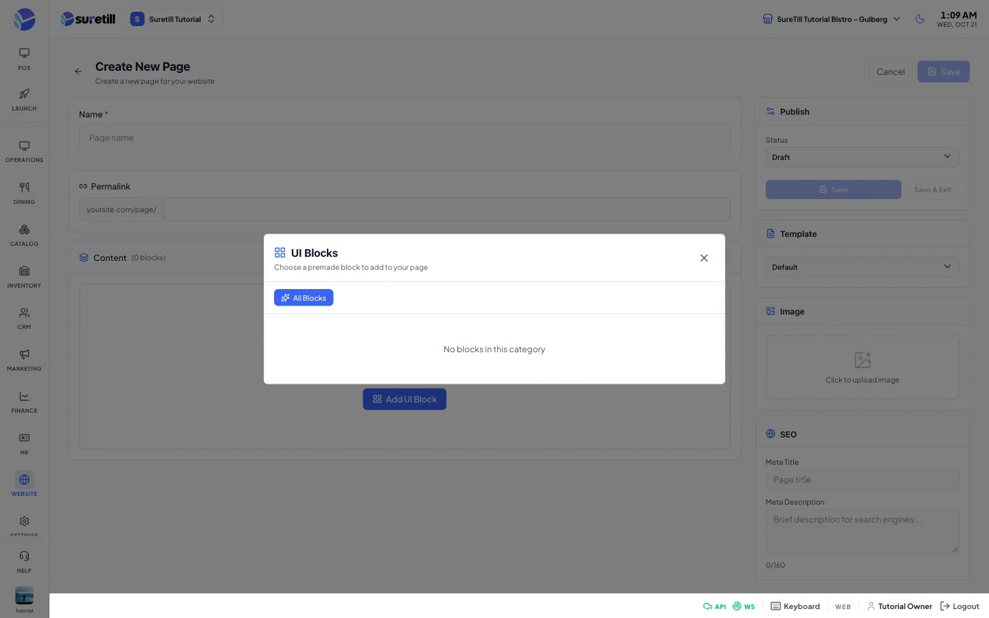 The ui blocks window on the Website Pages page