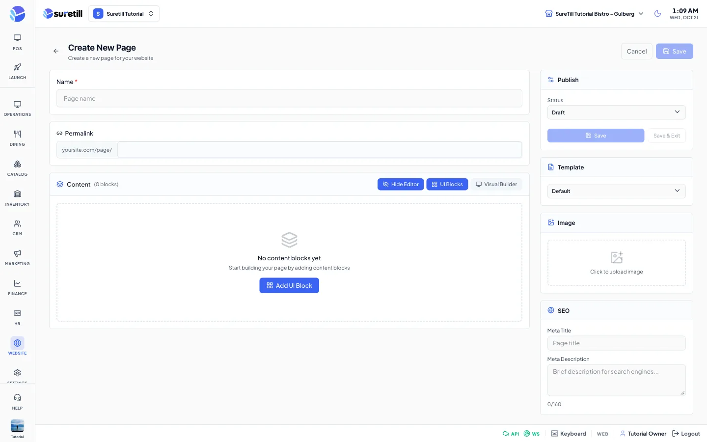 The create window on the Website Pages page