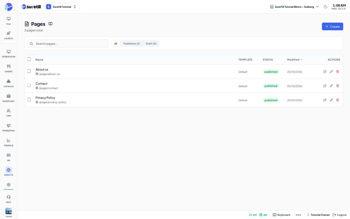 The Pages list with a search box, status filter and a table of pages