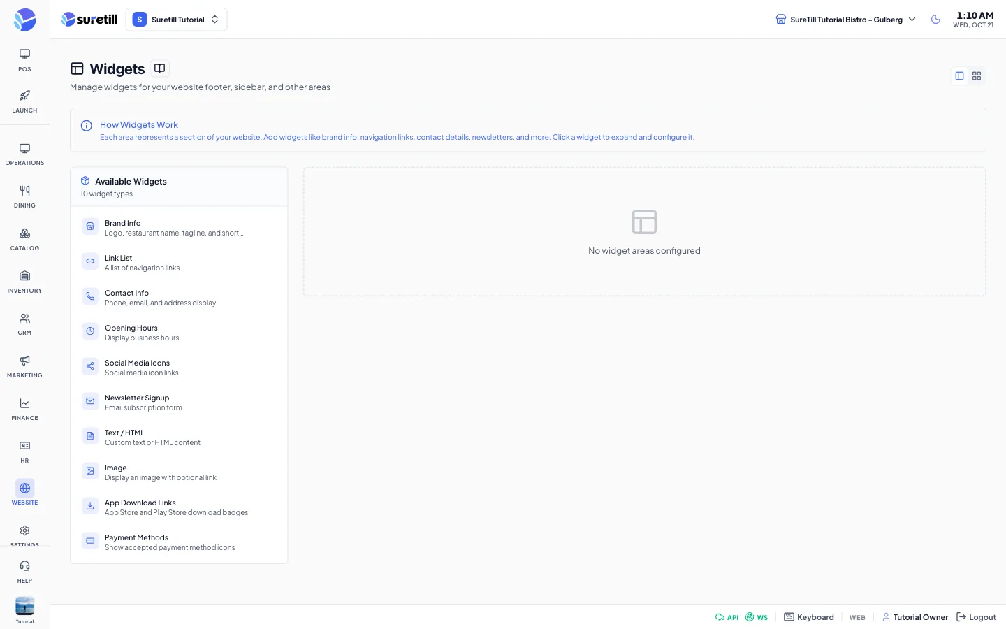The Widgets page with the list of available widgets and the footer column areas