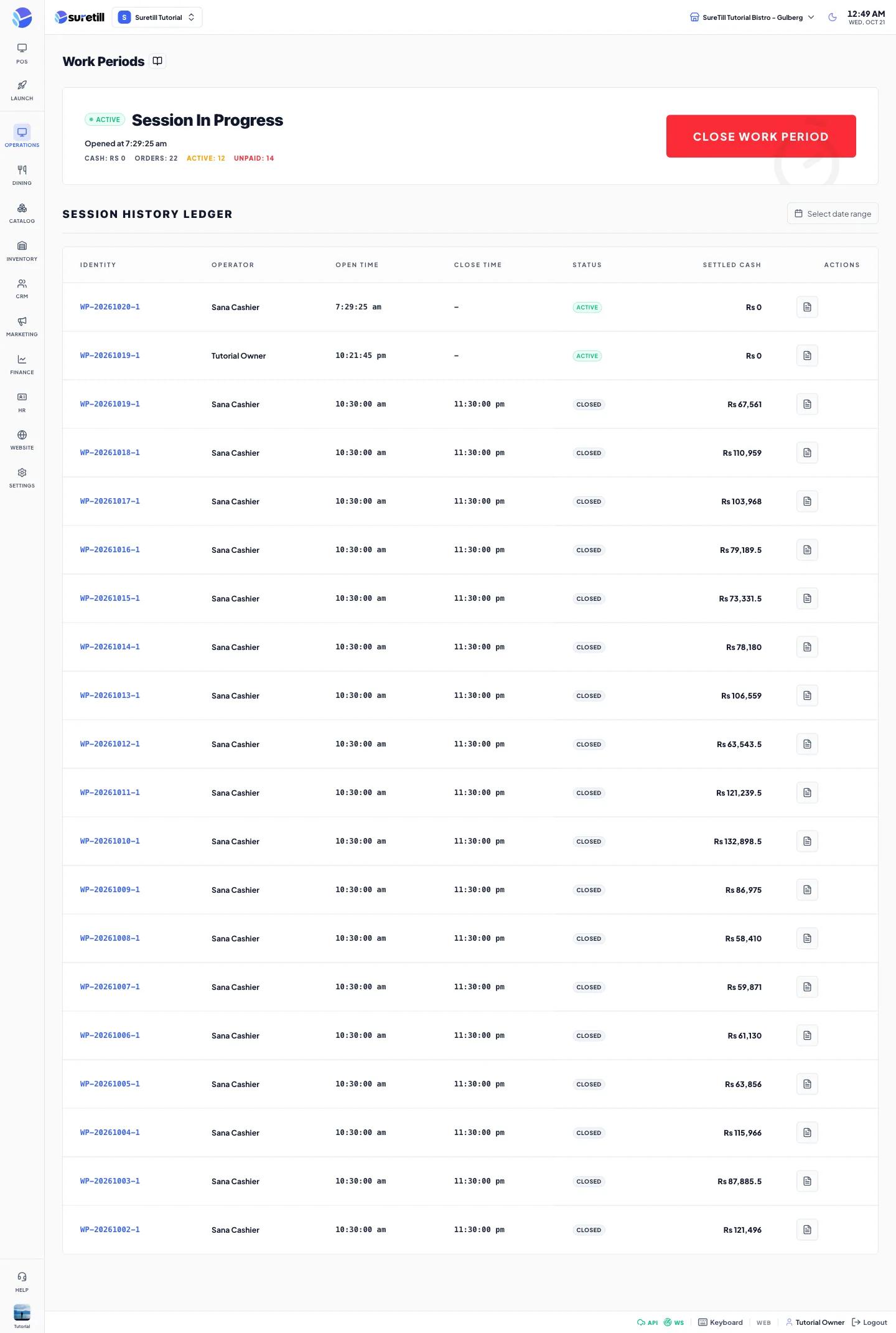 The Work Periods page with the session card and the Session History Ledger